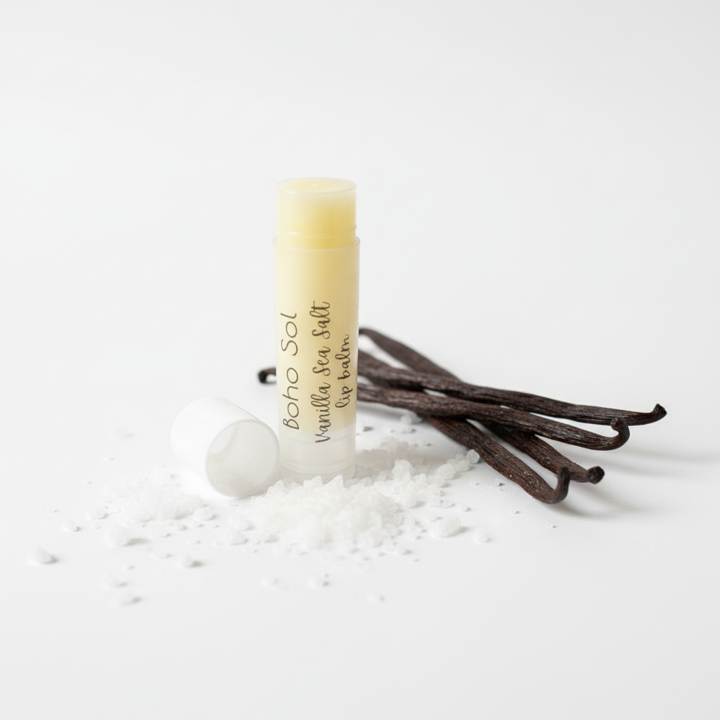 Vanilla Sea Salt Lip Balm Open with Stacked Vanilla Beans